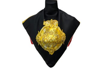 Vintage Pierre Baccara Lyon Paris Silk Scarf, Horse Equestrian Crest Gold Chain Red Black Neckerchief, Hand Rolled Hem, Large Square Scarf