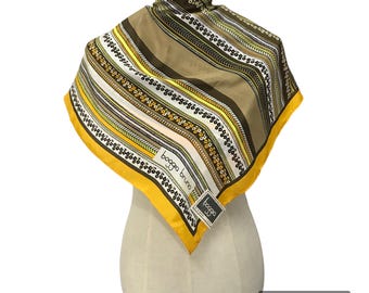 Vintage Boggia Bruno Silk Scarf, Mid Century Mod Geometric Floral Print, Yellow Brown Square Neck Scarf, Hand Rolled Hem, Made in Japan