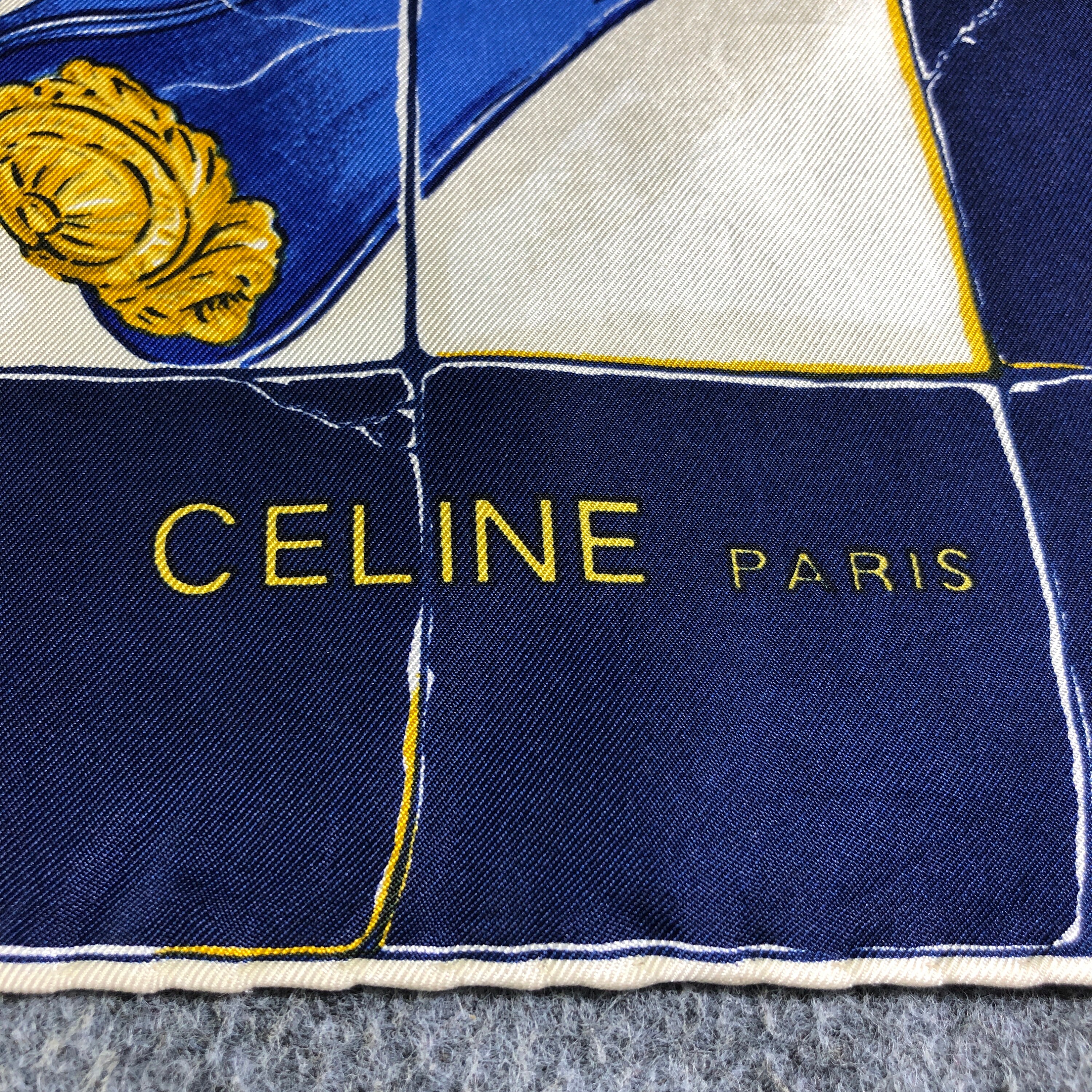 Vintage CELINE Paris Silk Scarf Equestrian Horse Motif Blue Gold