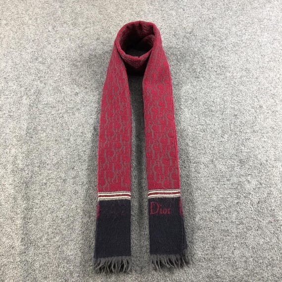 Vintage Christian Dior Oblique Scarf Burgundy & Navy Blue Wool