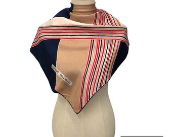 Vintage Pierre Balmain Paris Silk Scarf, Navy Beige Red Geometric Striped Square Scarf, Hand Rolled Hem Authentic Designer Neck Scarf Luxury