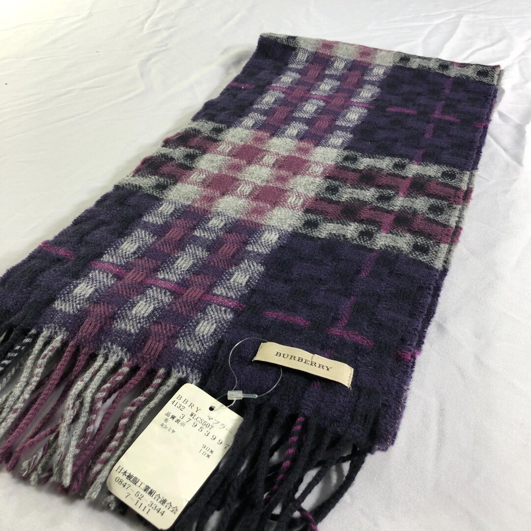 NWT Vintage Burberry Scarf Purple Plaid Check, 90-10% Merino Wool