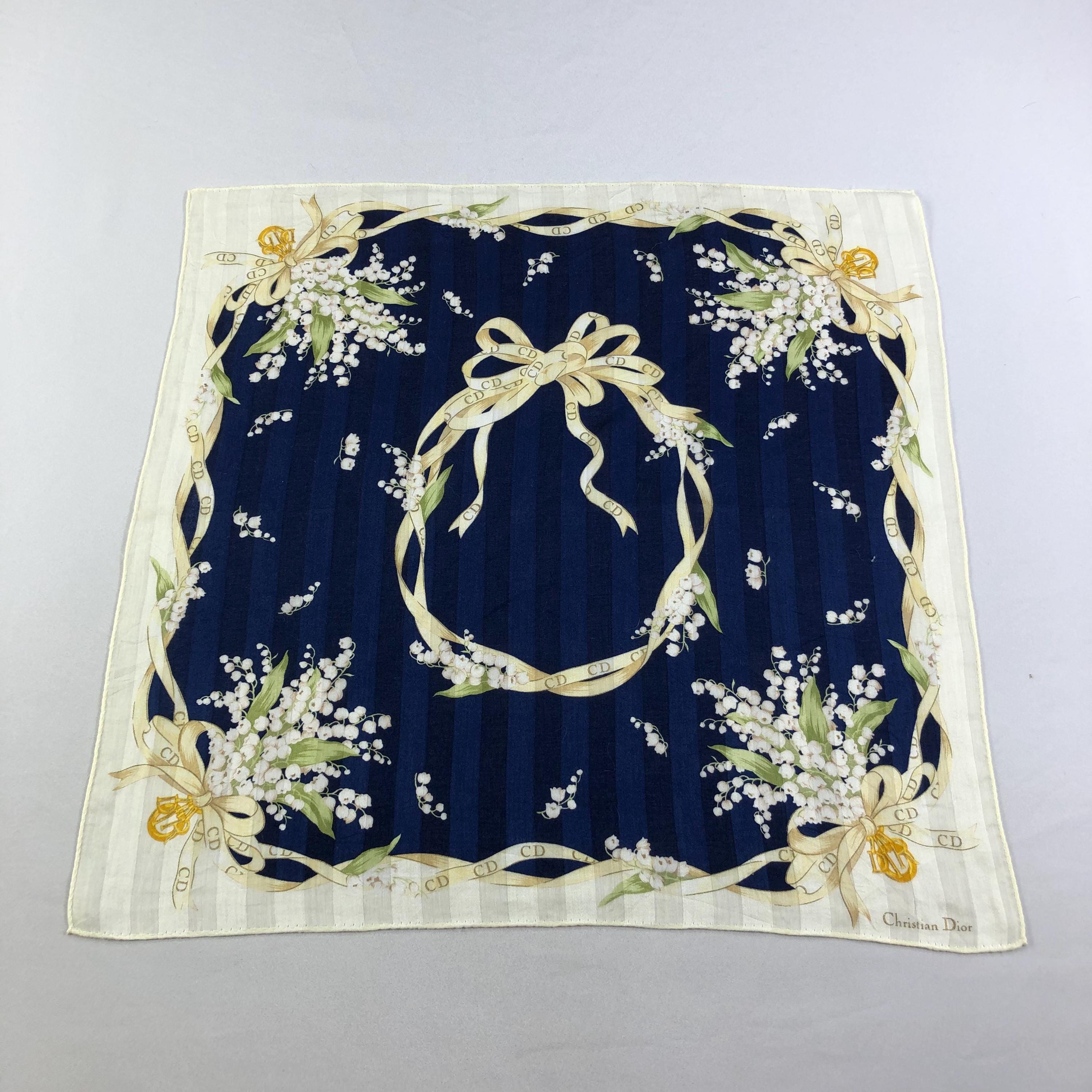 Vintage Christian Dior シルクバンダナ Vintage Christian Dior Lily of the Valley Handkerchief, Navy Blue