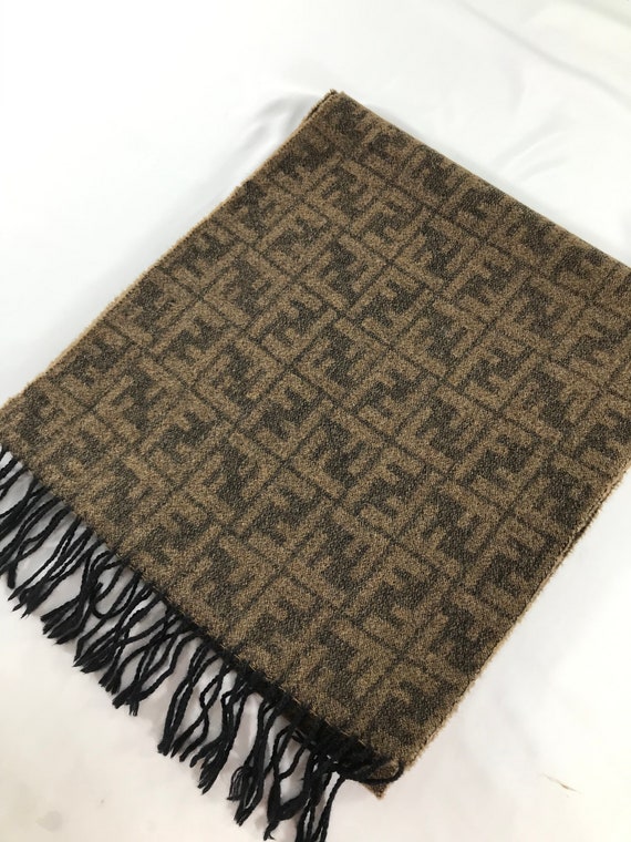 Vintage Fendi Zucca Scarf Brown Wool Monogram FF Logo, Made in
