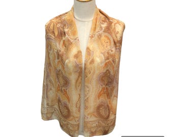 Vintage Scapa of Scotland Silk Scarf, Large Orange Brown Paisley Chiffon Shawl, Long Rectangular Lightweight Neck Scarf, Retro Sheer Wrap