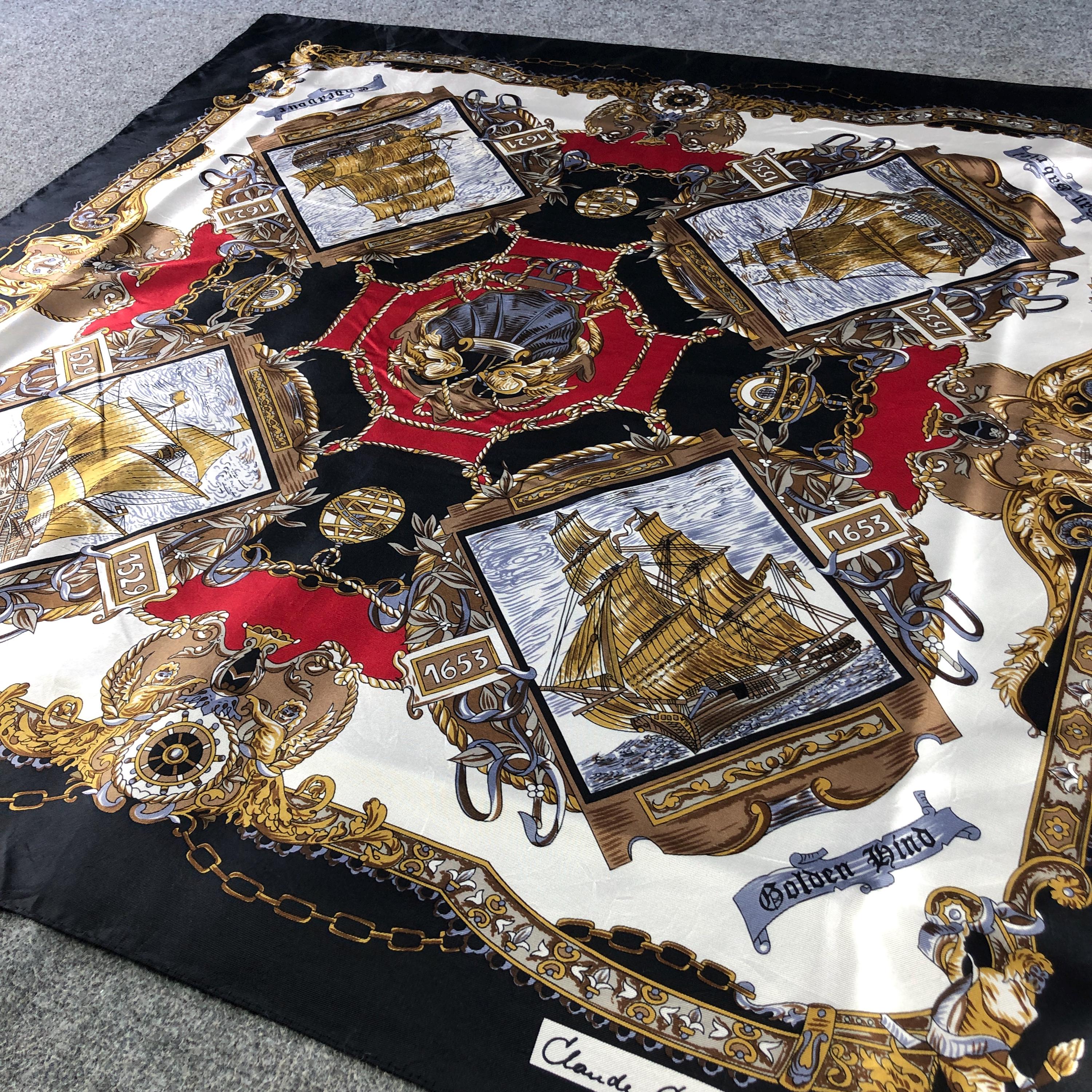 Vintage Claude Chevalier Silk Scarf, Nautical Ship Motif, Golden