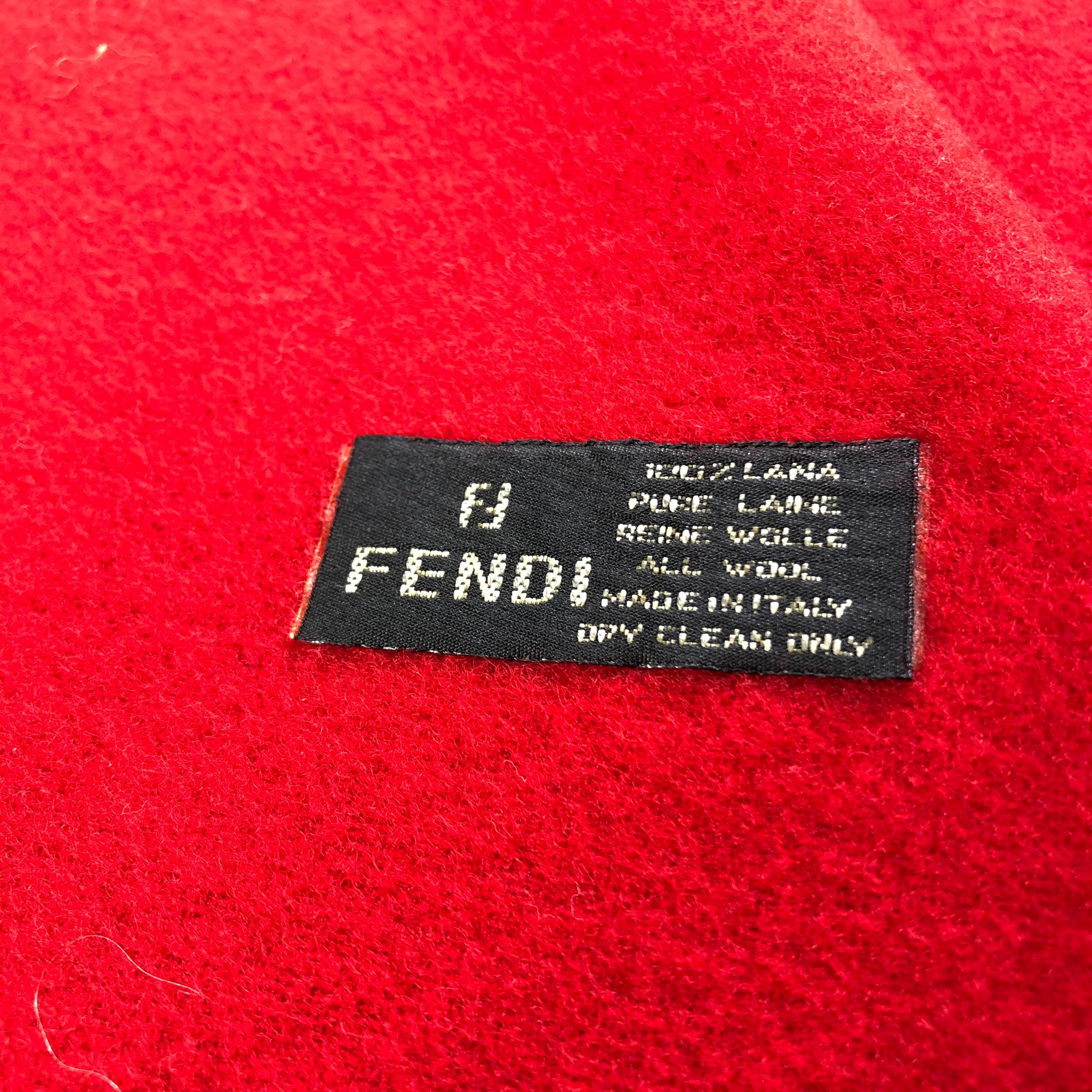Vintage Fendi Red Wool Scarf, Authentic Fendi Roma Embroidered