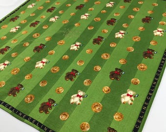 Vintage Celine Paris Joyeux Noel 1996 Handkerchief, Green Striped Cotton Scarf with Teddy Bear & Gold Coin Print Made in Japan Pocket Square