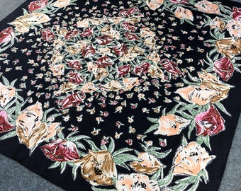 Vintage Jim Thompson Thai Silk Scarf Large 33" Square Floral Rose Print Black Pink Peach Hand Rolled Edges Authentic Designer Silk Wrap