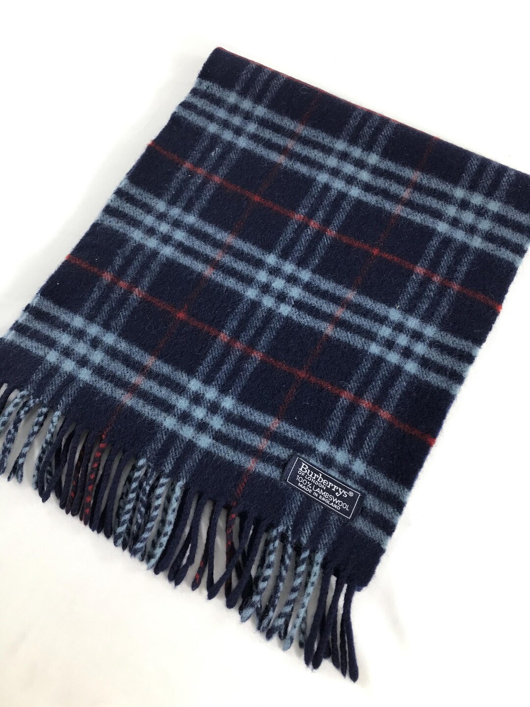 Vintage Burberrys of London Navy Blue Plaid Scarf 100% Lambswool