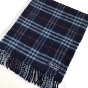Vintage Burberrys of London Navy Blue Plaid Scarf 100% Lambswool