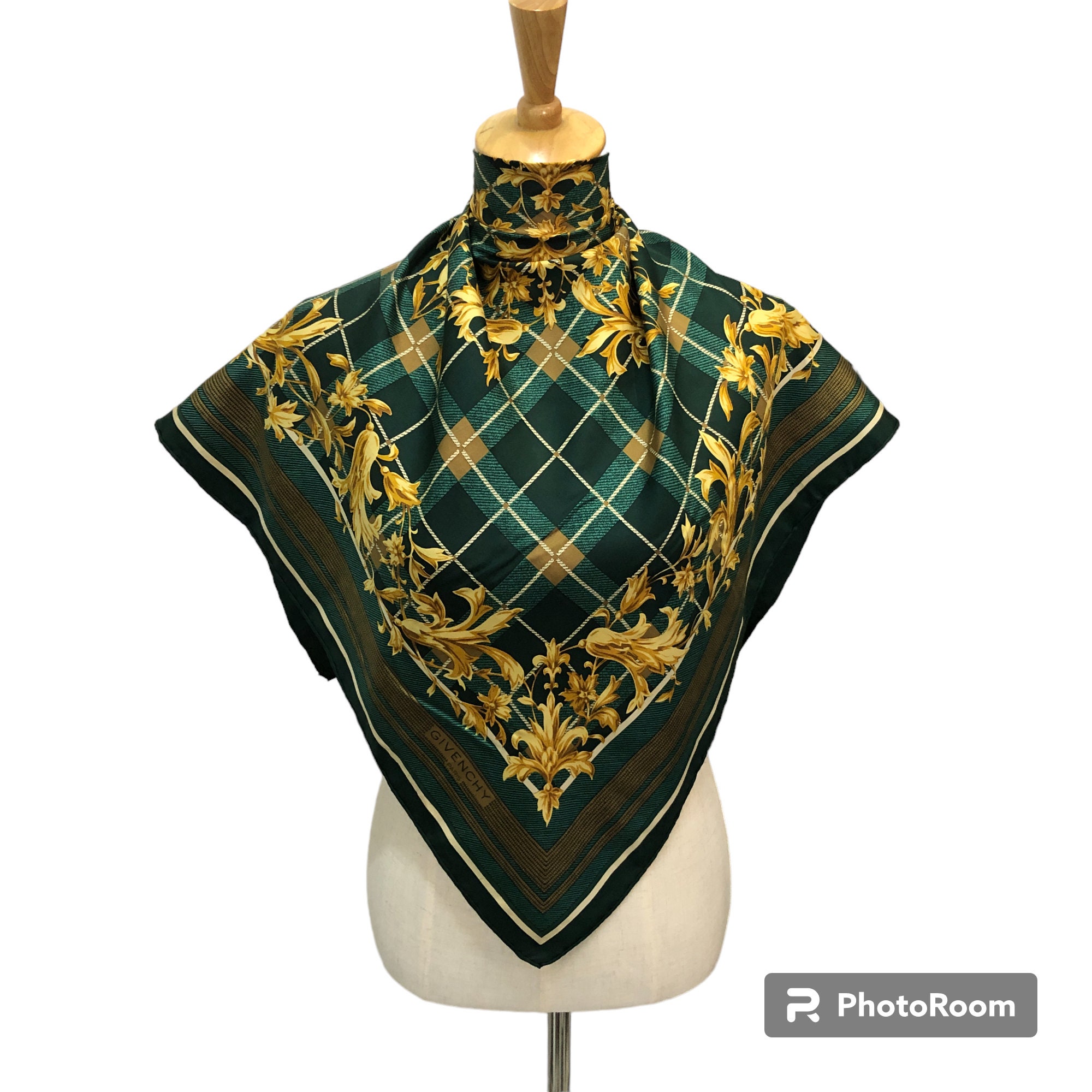 Vintage Givenchy Silk Scarf, Dark Green Plaid Baroque Print, Large