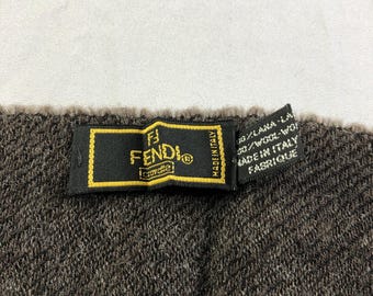 Vintage FENDI Wool Scarf Brown Grey Stripe Logo Pattern Made in