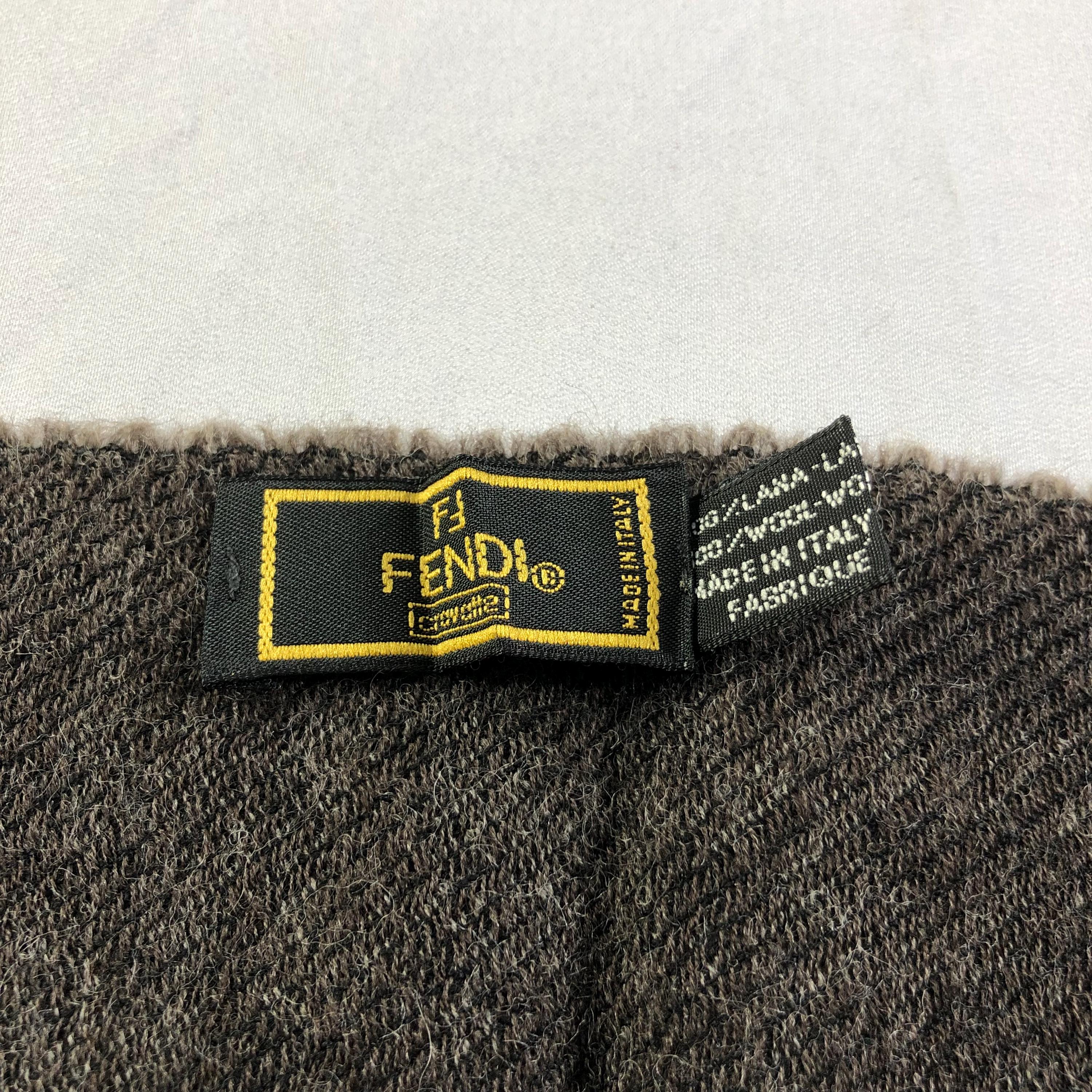 Vintage FENDI Wool Scarf Brown Grey Stripe Logo Pattern Made in