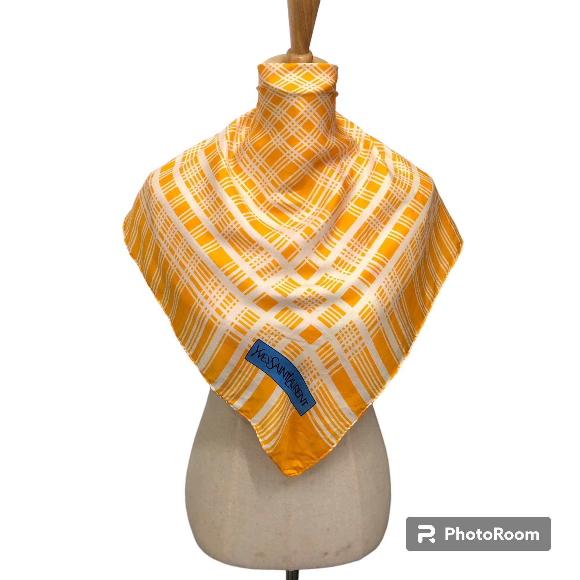 Vintage Yves Saint Laurent Silk Scarf, Yellow White Plaid Check