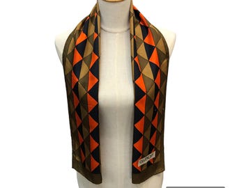 Vintage Givenchy Unisex Silk Scarf Geometric Triangle Print Brown Orange Navy Blue Long Muffler Authentic Designer Accessory Hand Rolled Hem