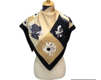 Vintage Fabris Venezia Italian Silk Scarf, Black and Gold Floral Square Neck Scarf, 100% Seta Silk Made in Italy, Large 34x34 Designer Wrap