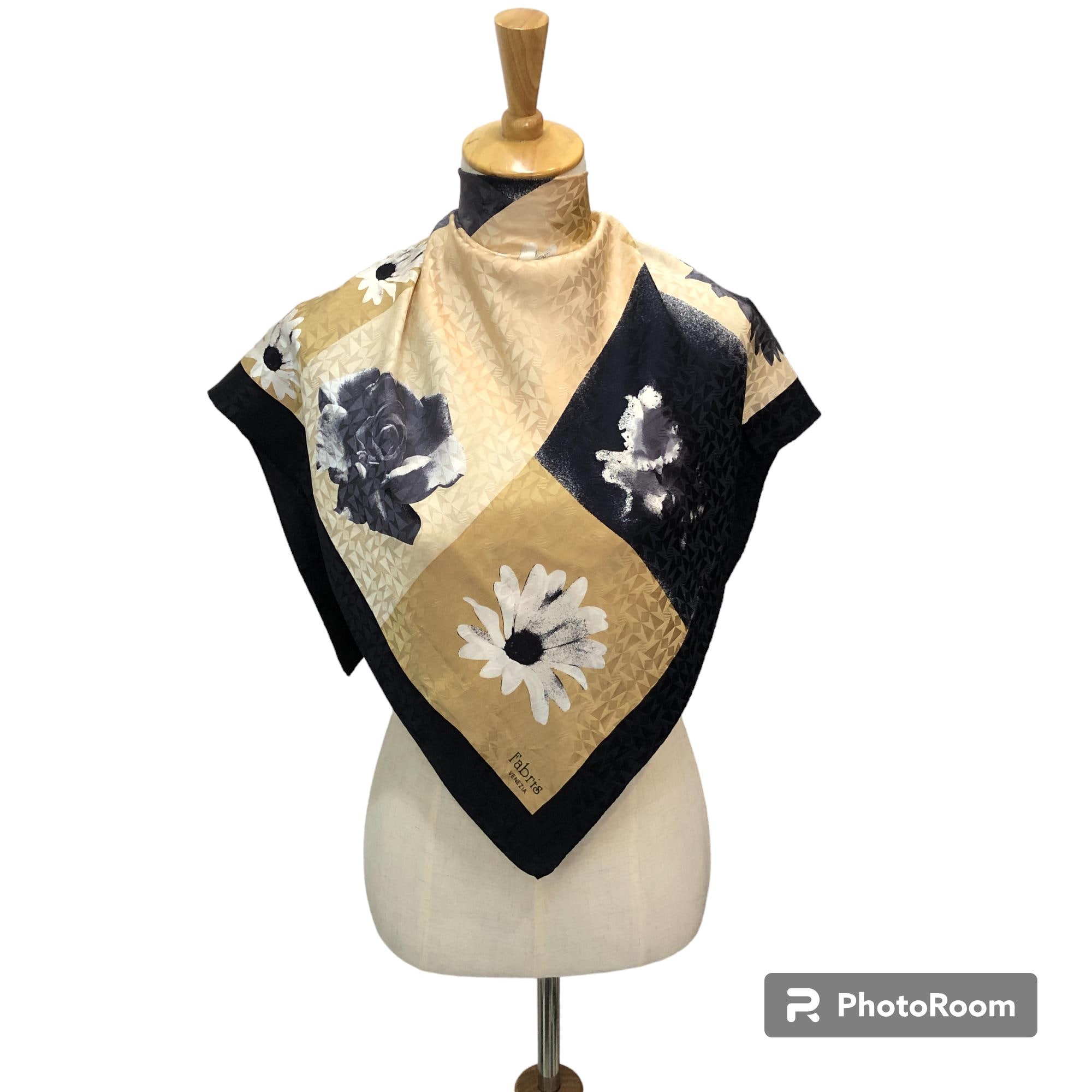Vintage Fabris Venezia Italian Silk Scarf, Black and Gold Floral