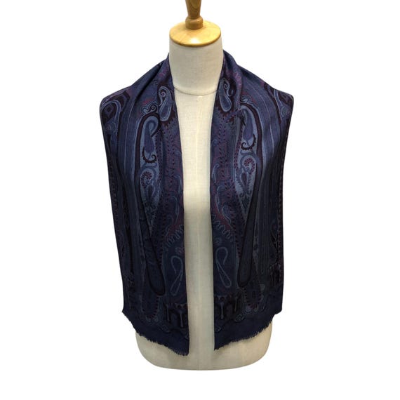 Vintage Etro Italy Wool Silk Scarf, Luxury Purple Blue Paisley