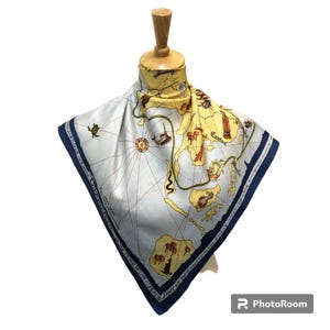 Vintage Silk Scarf, Caravan Silk Road Map Graphic Print, Navy Blue Yellow Square Neckcloth, Hand Rolled Hem, Rare Designer Headband Wrap