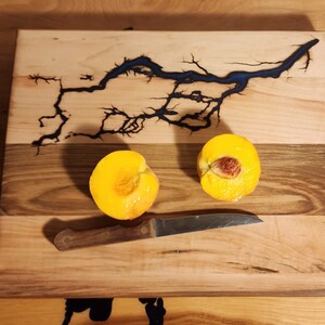 Cutting Board Enhanced with Lichtenberg art filled with Epoxy, Hickory, Maple, with feet, 12 x 15 x 1.5"