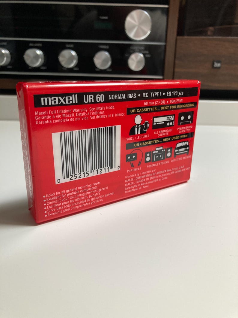 May include: A red Maxell UR 60 audio cassette tape package featuring a barcode, technical specifications including Normal Bias and IEC Type I, and graphic icons illustrating compatibility with voice recorders, radios, and portable stereo systems.