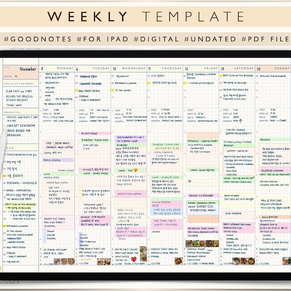 Plantilla de planificador semanal Goodnotes, plantilla de planificador semanal sin fecha, plantilla de planificador digital, diario Goodnotes, plantilla digital sin fecha