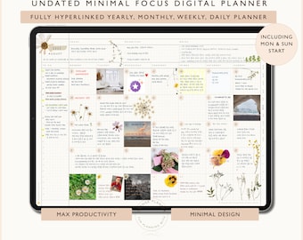 May include: A digital planner with a floral theme. The planner is undated and includes a monthly, weekly, and daily view. The planner is fully hyperlinked and includes a focus on productivity and minimal design.