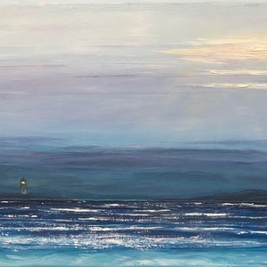 Original Ocean Lighthouse Painting 9” x 12″ Smokey Blue Seascape, Coastal Wall Art, Nautical Home Decor, Small Oil Artwork