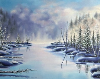 Original Adirondack Winter Lake Oil Painting, 24x30 Canvas