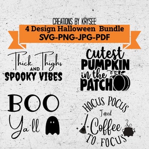 Può includere: Quattro file di taglio SVG a tema Halloween in bianco e nero. I design includono "Thick Thighs and Spooky Vibes", "Boo Ya'll", "Cutest Pumpkin in the Patch" e "Hocus Pocus I Need Coffee to Focus".