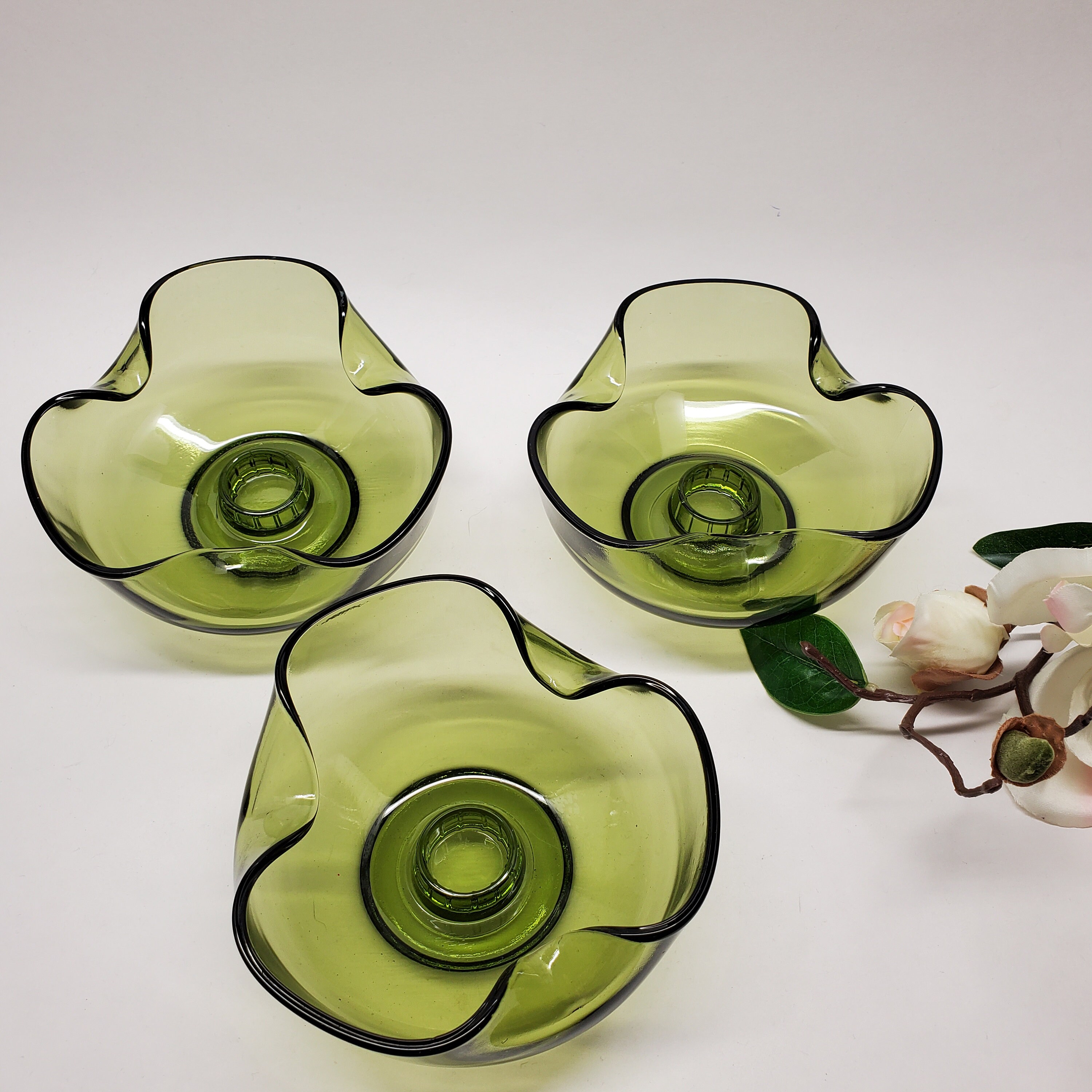 Vintage Set of 3 Green Candle Holder Bowls Anchor Hocking Etsy