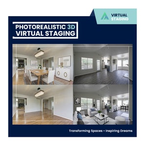 May include: Before and after images of a living room and dining room virtually staged with furniture, decor, and lighting. The text "Photorealistic 3D Virtual Staging" is at the top of the image. The text "Transforming Spaces - Inspiring Dreams" is at the bottom of the image.