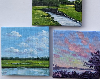 Salt Marsh or River landscape - acrylic painting - mini-canvas magnet