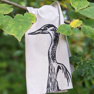 Great Blue Heron tea towel - hand stamped block print - 100% cotton flour sack towel