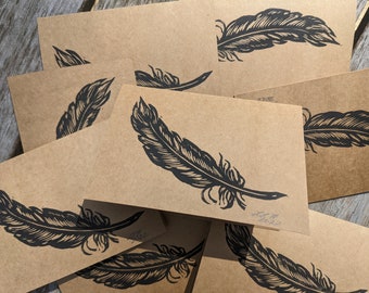 Original block printed Feather note cards - set of 8 cards with envelopes