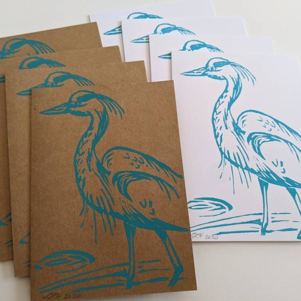 Handmade Great Blue Heron note cards - set of 8 - original linoleum block print