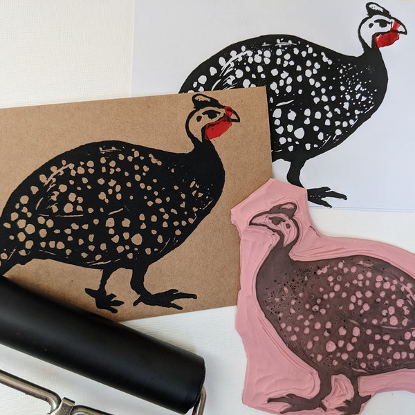 Handmade Guinea Fowl note cards - set of 8 - original linoleum block print