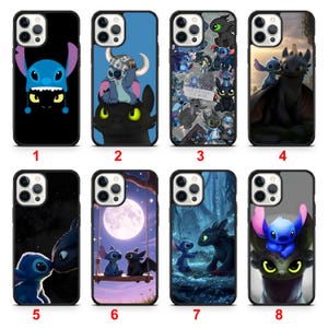 May include: A collection of eight phone cases featuring cartoon characters. The cases showcase designs with Stitch and Toothless from "How to Train Your Dragon" in various scenes. The cases are black with colorful graphics.