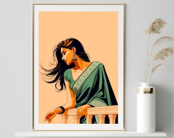 South Asian Art, Brown Girl Art, Tamil girl, South Asian Wall Art, Desi Girl, Desi illustration, American Indian Art, Indian Wall Art