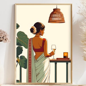Modern Indian Woman Drinking Art, Desi Art, Indian Wall Art, South Asian Art, Indian Art, Brown Girl, South Asian Prints, Desi Wine Art