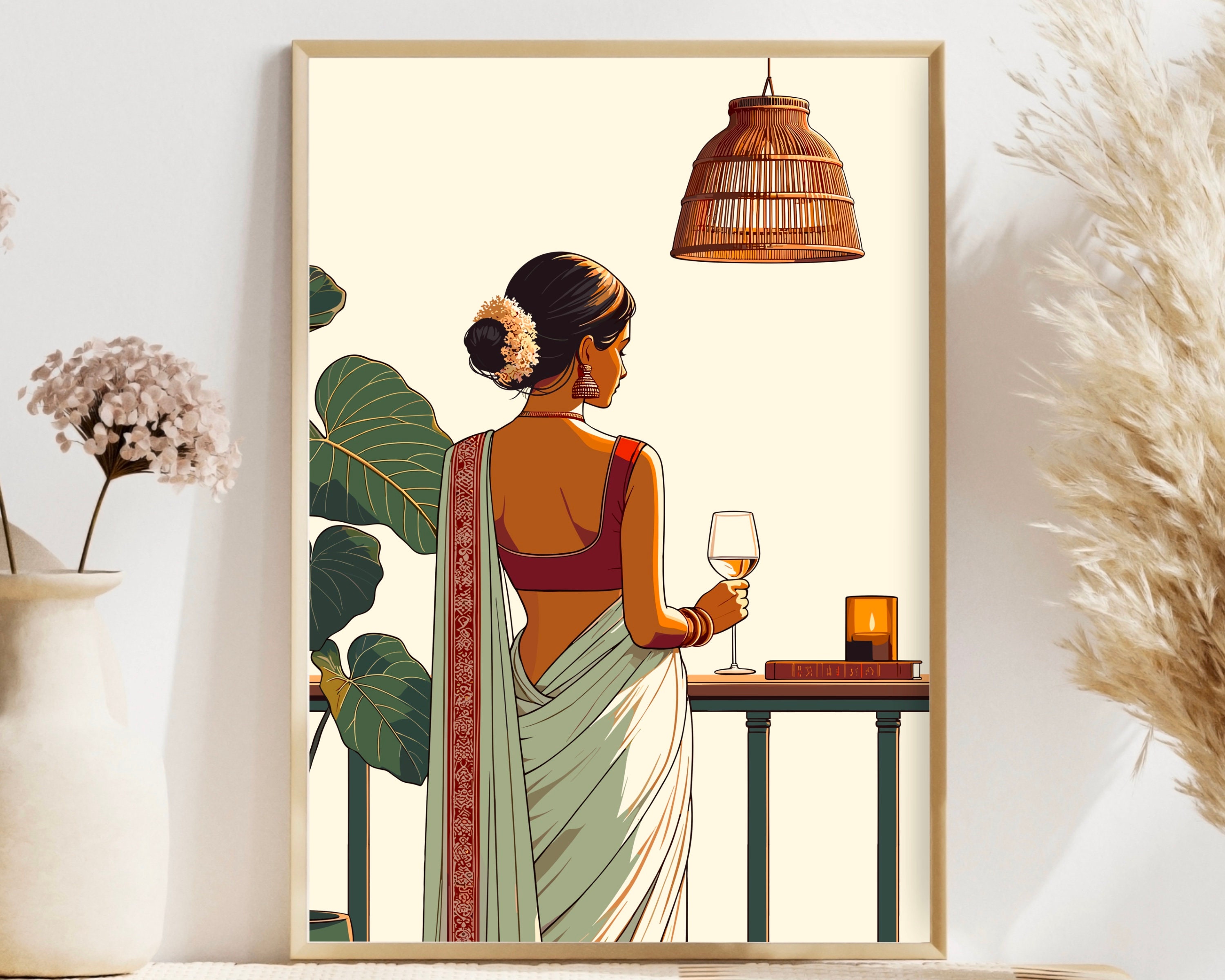Modern Indian Woman Drinking Art, Desi Art, Indian Wall Art, South Asian Art, Indian Art, Brown Girl, South Asian Prints, Desi Wine Art