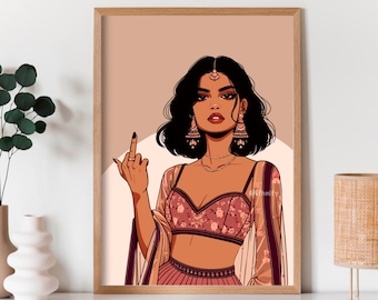 Badass Indian Wall Art Middle Finger Art Desi South Asian Woman Art Brown Girl Art South Indian Art Tamil Girl Modern Indian Art Digital