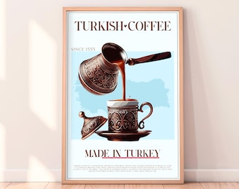 Turkish Coffee Digital Poster, Travel Print, Kitchen Decor, Turkey Coffee Art, Vintage Food Art, Coffee Shop Art, Drink Poster Illustration