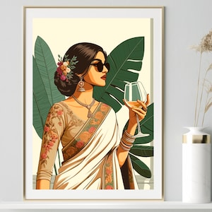 Modern Indian Woman Drinking Art, Desi Art, Indian Wall Art, South Asian Art, Indian Art, Brown Girl, South Asian Prints, Desi Wine Art