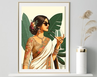 Modern Indian Woman Drinking Art, Desi Art, Indian Wall Art, South Asian Art, Indian Art, Brown Girl, South Asian Prints, Desi Wine Art