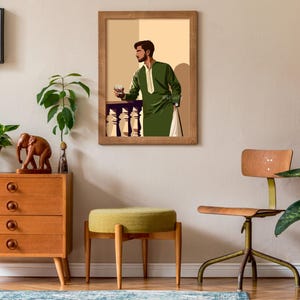 May include: A framed illustration of a man in a green robe holding a glass of liquid. The illustration is set against a beige background. The frame is brown wood with a white mat.