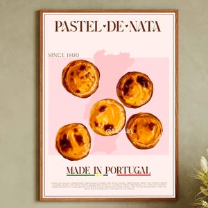 Puede incluir: Un póster con fondo rosa que muestra el texto "Pastel de Nata" y "Made in Portugal". El póster también presenta cinco pasteles de nata, una tarta de crema tradicional portuguesa, sobre un fondo rosa.