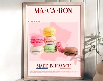 Macron Digital Poster, French Europe Food Art, France Travel Kitchen Decor, Retro Dessert Vintage Shop Prints, Food Poster Illustration