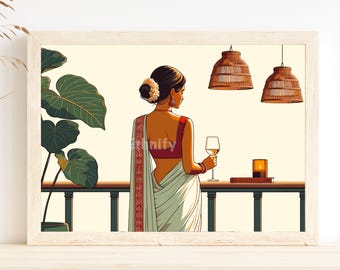 Modern Indian Woman Drinking Art, Desi Art, Indian Wall Art, South Asian Art, Indian Art, Brown Girl, South Asian Prints, Desi Wine Art